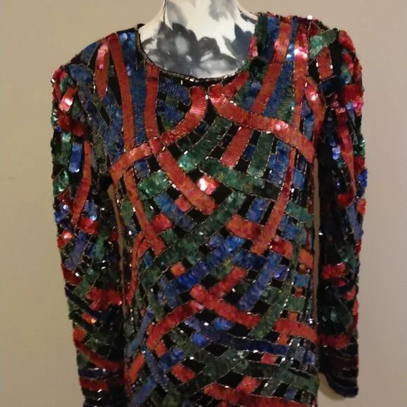 Lord & Taylor Vintage Sequin Top Blue, Red, Green, Silver, on Black silk, M - Picture 3 of 7